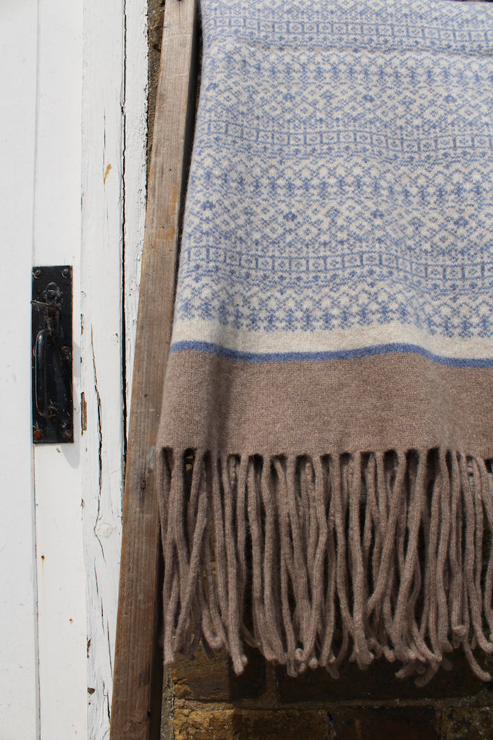 Knitted Fair Isle Wrap Scarf Blue/Linen/Mushroom image 2