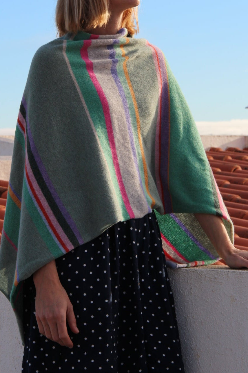 Person wearing a colorful striped shawl over a black polka dot dress against a blue sky.