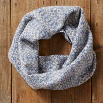 A child wearing a multicolored fair isle knitted snood in a purple and pink pattern, as part of winter base layer clothing.