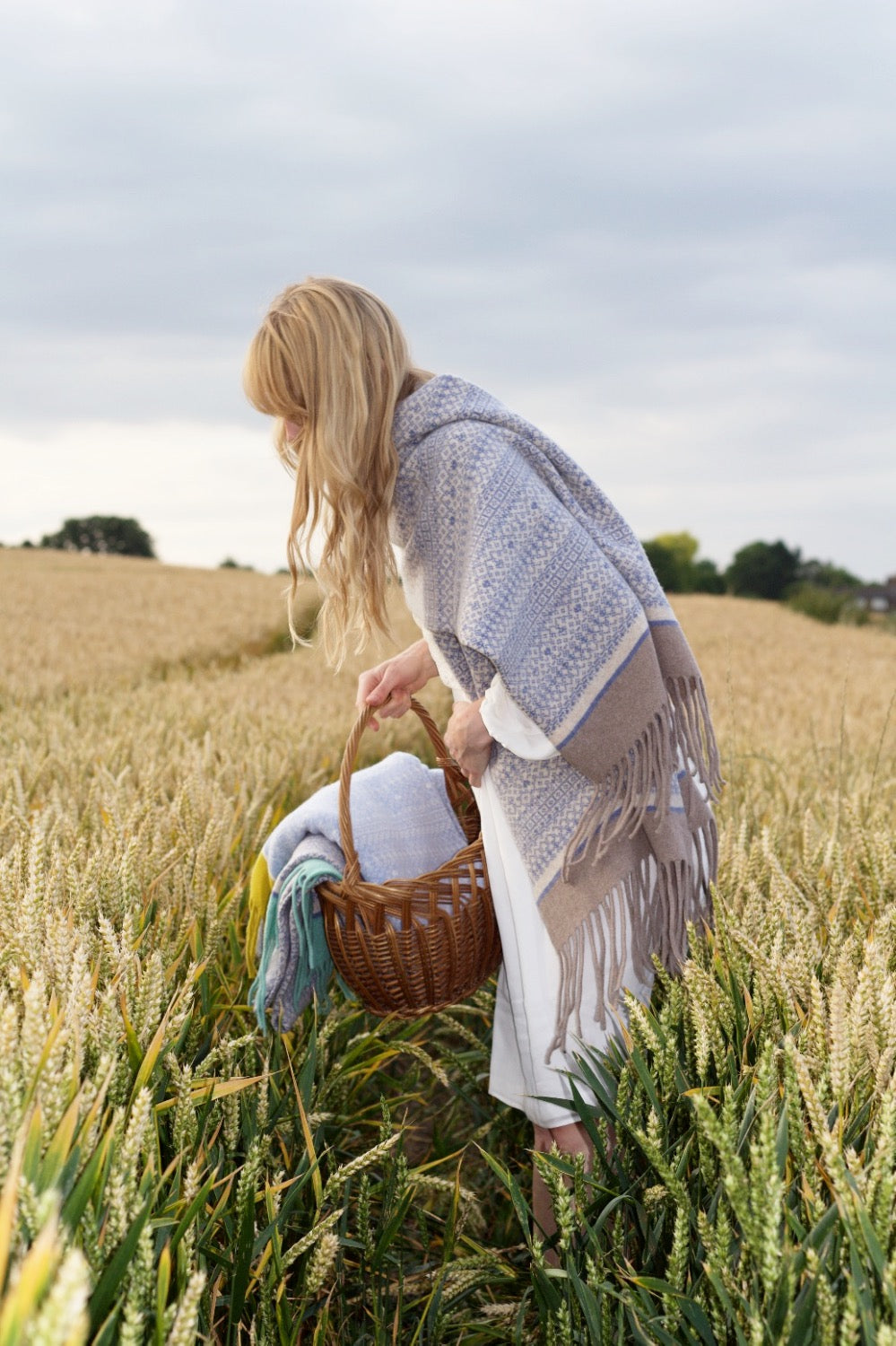 Knitted Fair Isle Wrap Scarf Blue/Linen/Mushroom image 1