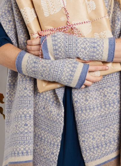 Knitted Fair Isle Wrap Scarf Blue/Linen/Mushroom image 6
