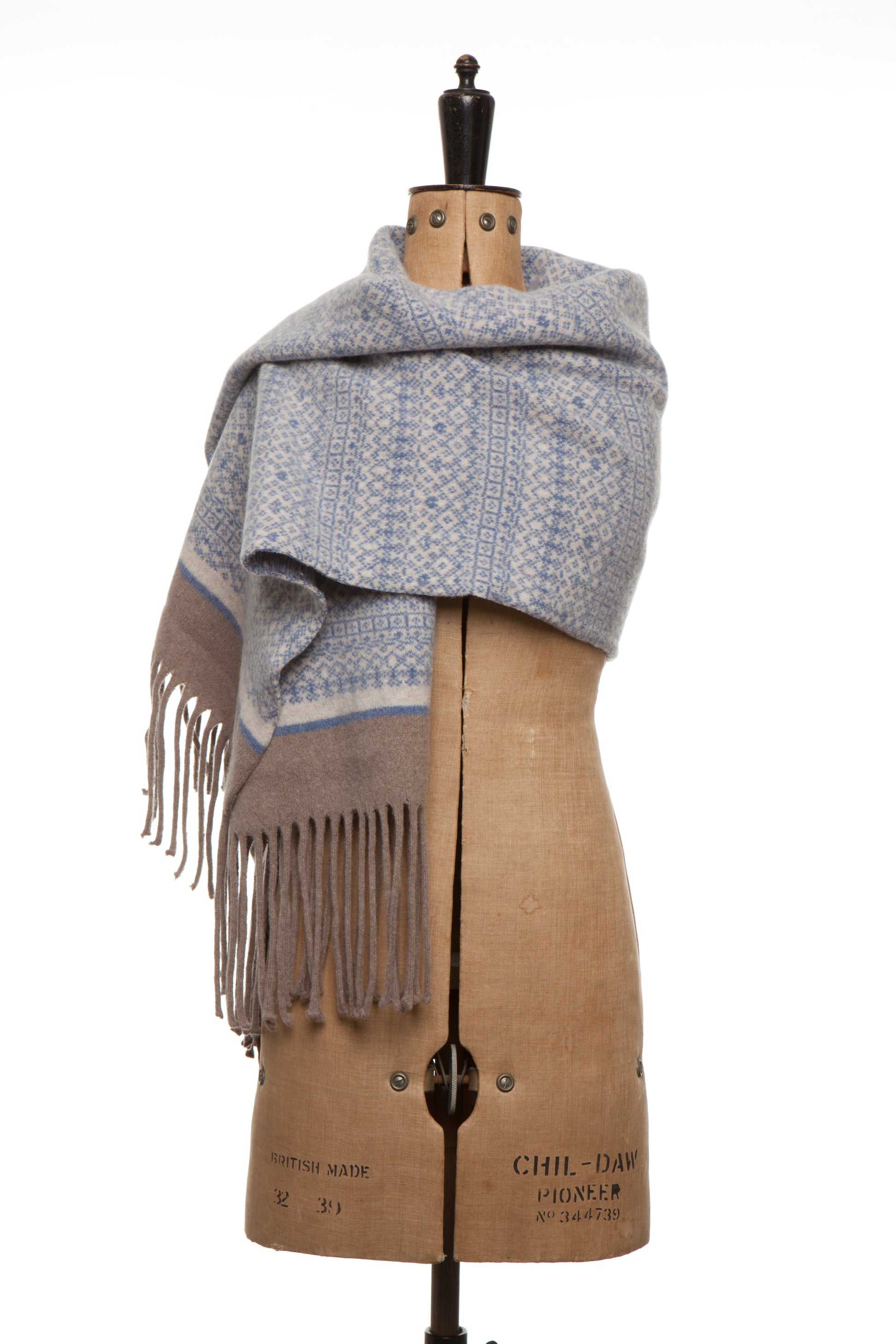 Knitted Fair Isle Wrap Scarf Blue/Linen/Mushroom image 3