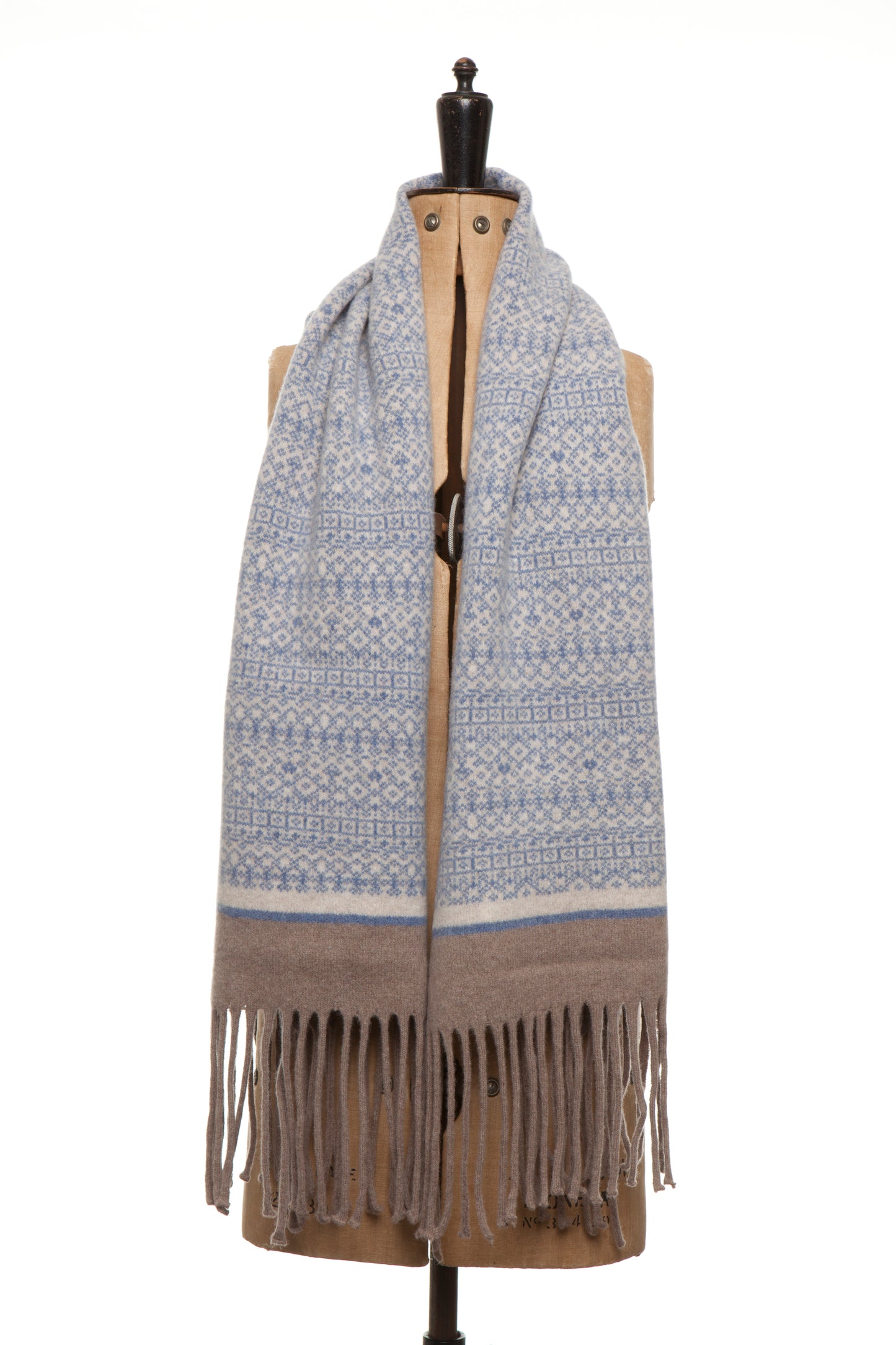 Knitted Fair Isle Wrap Scarf Blue/Linen/Mushroom image 4