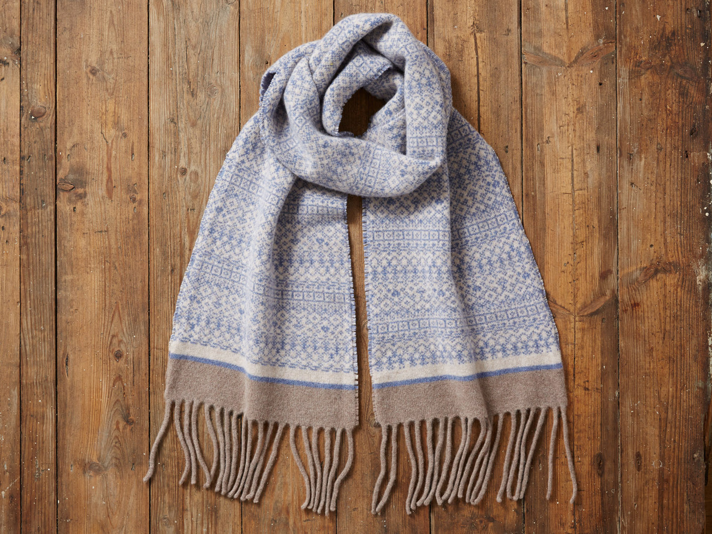 Blue & Soft Neutrals Fair Isle Tassel Scarf image 0