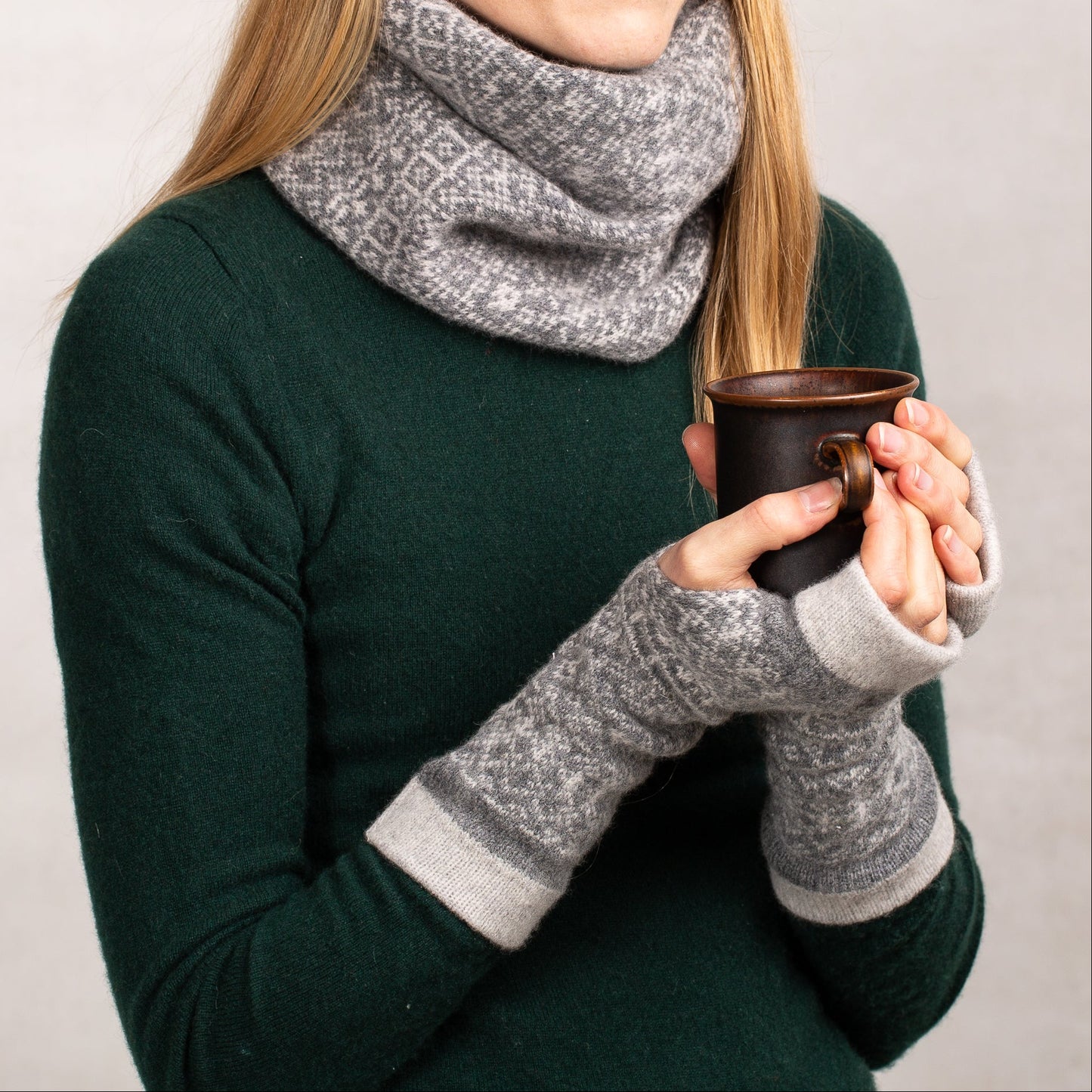 Fair Isle Fingerless Mittens | Two colour mix image 3