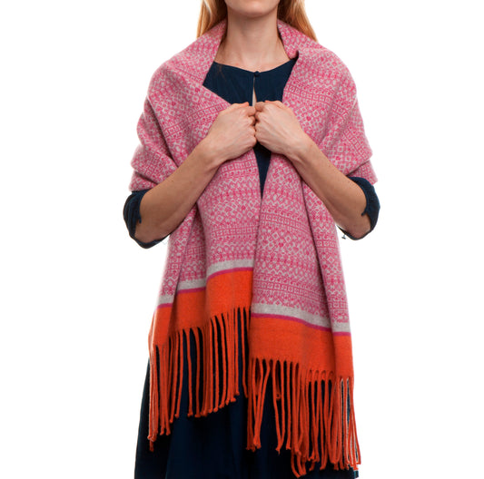 Knitted Fair Isle Wrap Scarf Pink/Linen/Orange image 1