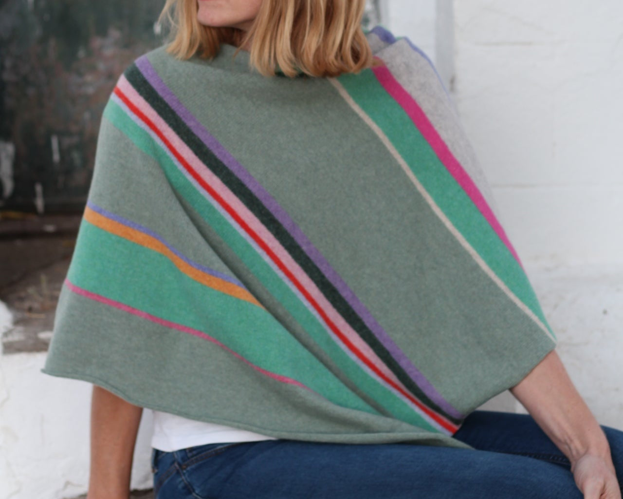 Person wearing a colorful poncho with a blurred background