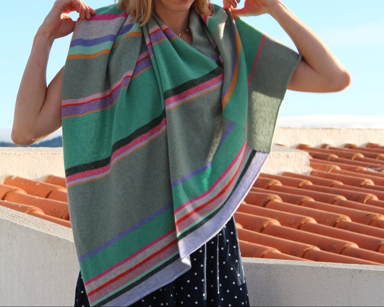Woman wearing a colorful scarf with a clear blue sky in the background