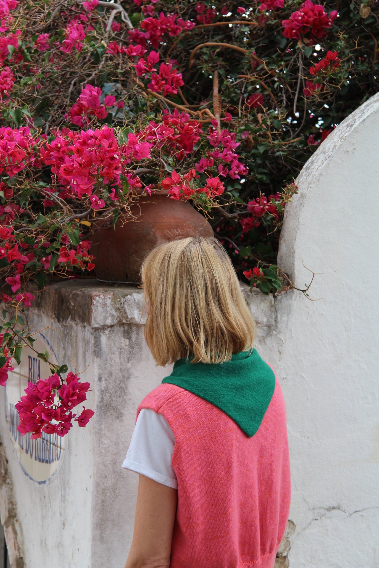 Person wearing a colorful dress looking into a well with pink flowers around