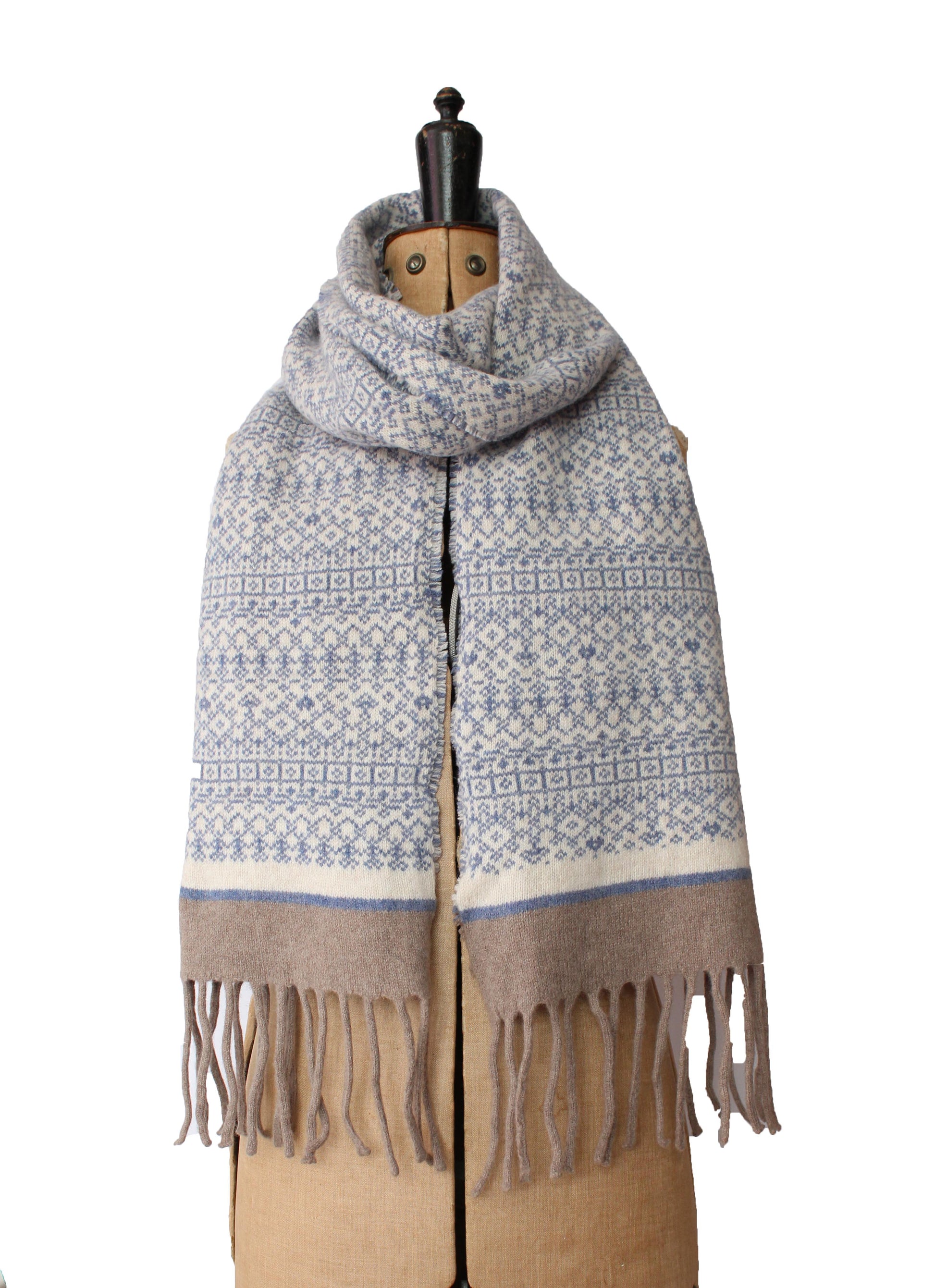Blue & Soft Neutrals Fair Isle Tassel Scarf image 2