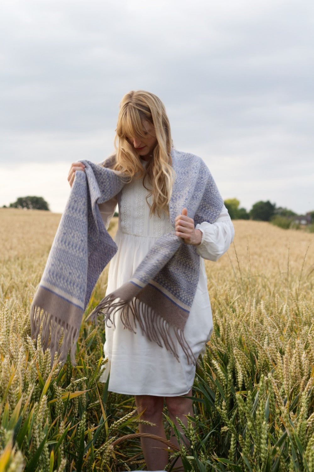 Knitted Fair Isle Wrap Scarf Blue/Linen/Mushroom image 0