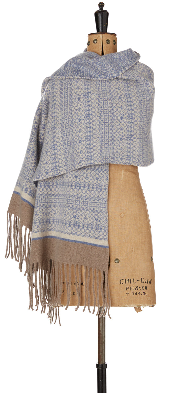 Knitted Fair Isle Wrap Scarf Blue/Linen/Mushroom image 5